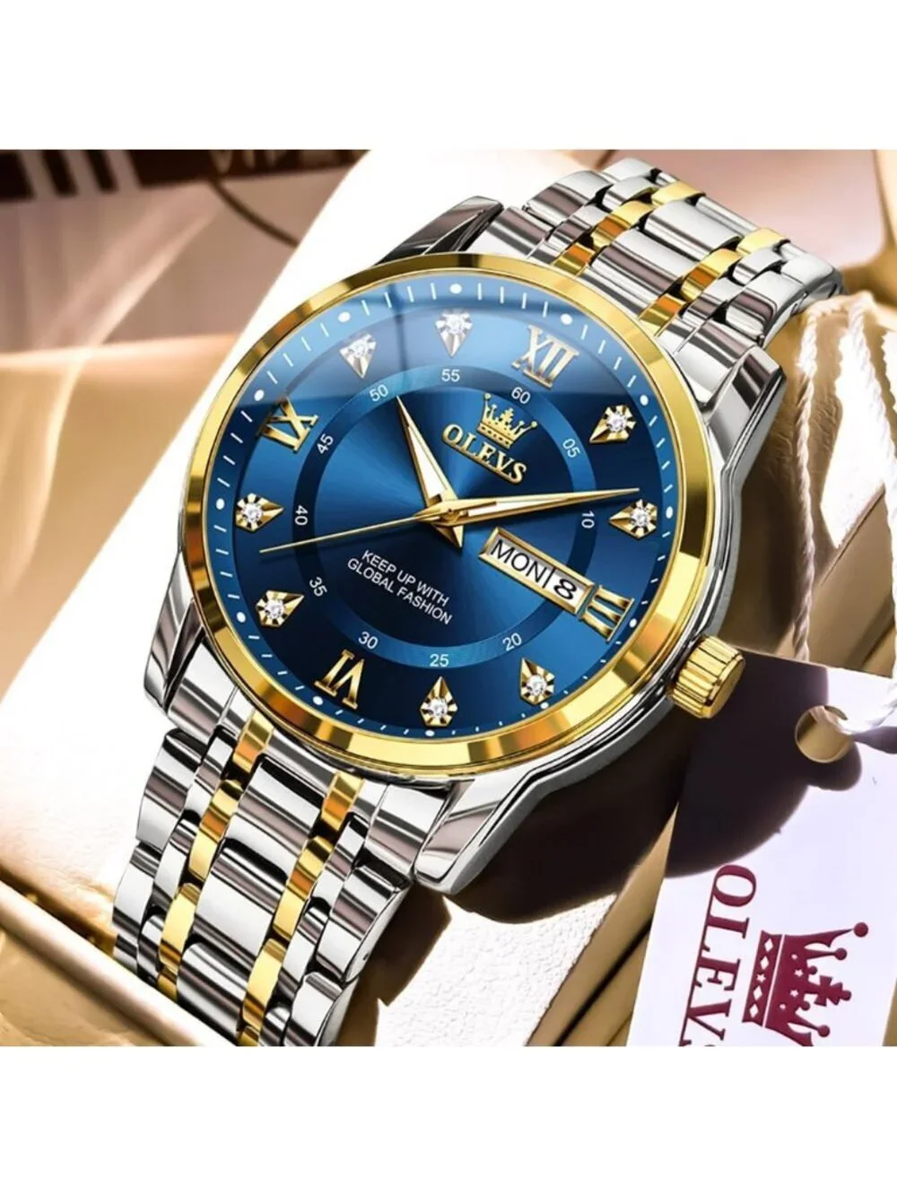 Men's Silver Blue Stainless Steel Luminous Quartz Waterproof Round Classic Watch